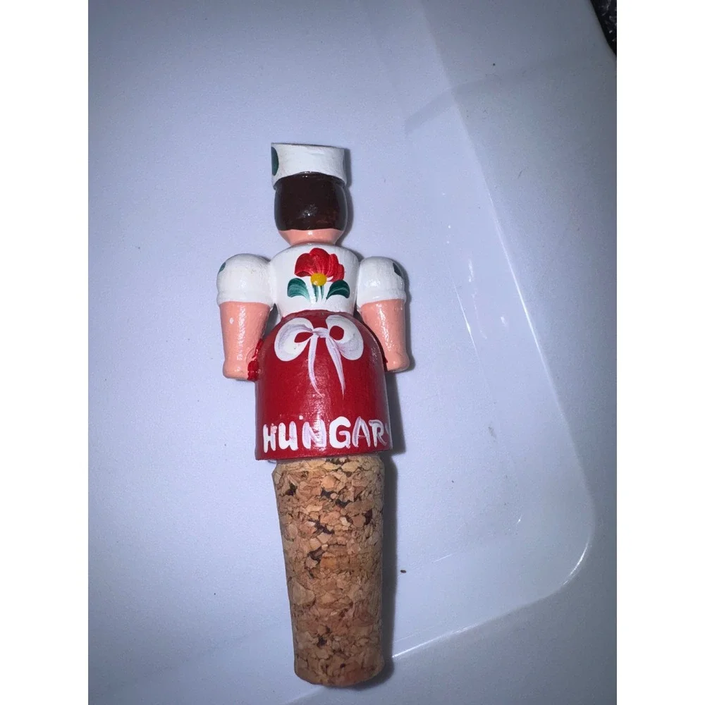 Vintage Hungarian Folk Art Hand Painted Wooden Wine Bottle Stopper Woman Hungary